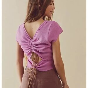 Free People Top Women’s Medium Hot Mesh Cut Out Tie Pink Ruched Crop Top